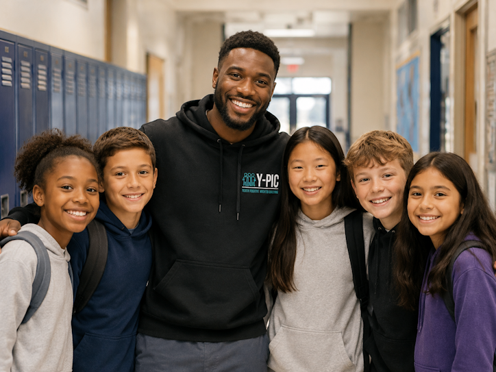 A Y-PIC mentor standing with a group of six students wearing Y-PIC shirts in a school hallway.