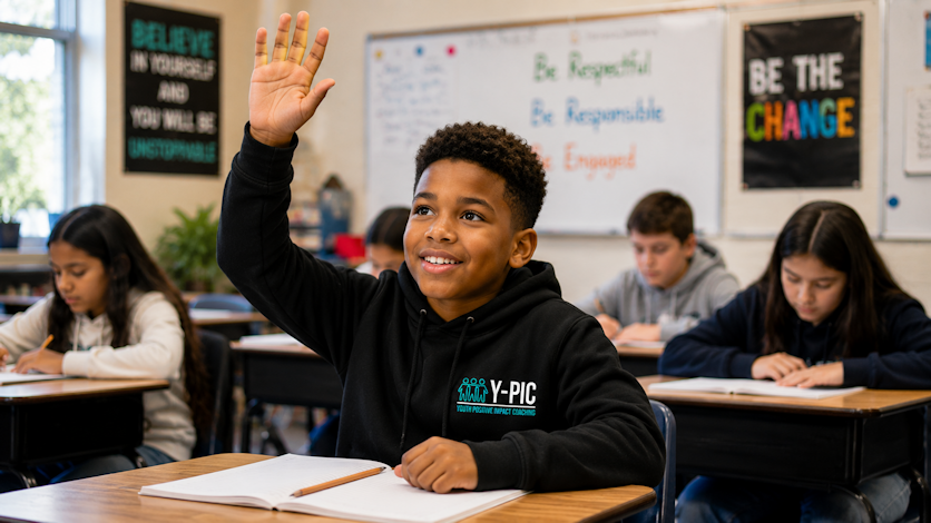 A student raising his hand in a Y-PIC classroom session.