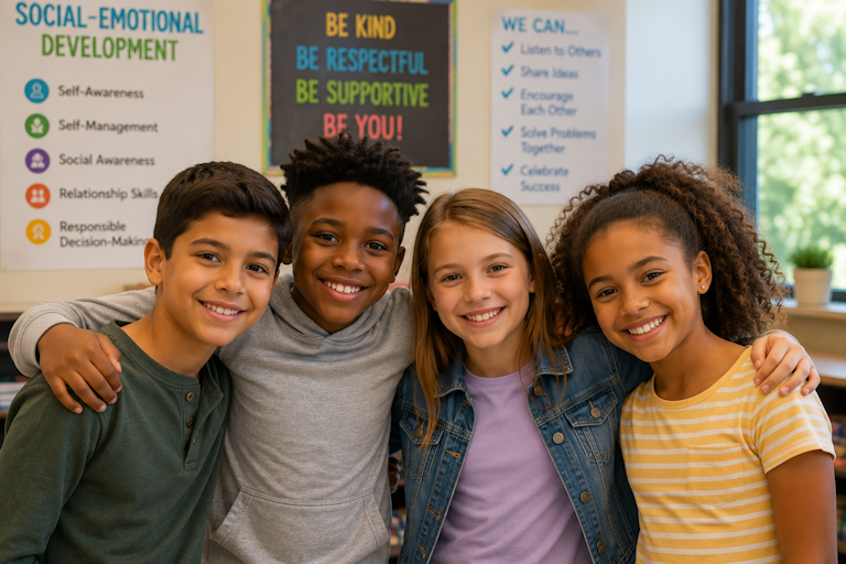 A group of students smiling together during a Y-PIC social and emotional learning session.