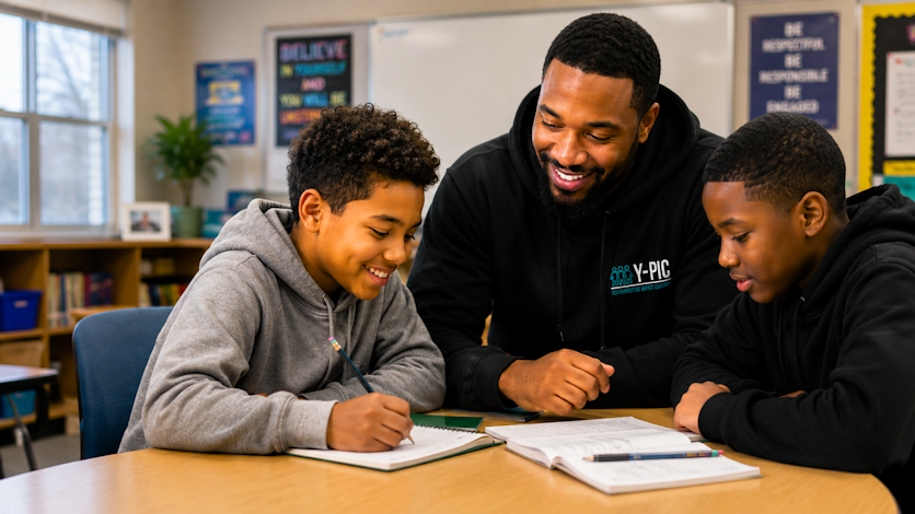 A Y-PIC mentor working at a table with two students on a writing assignment in a school library.